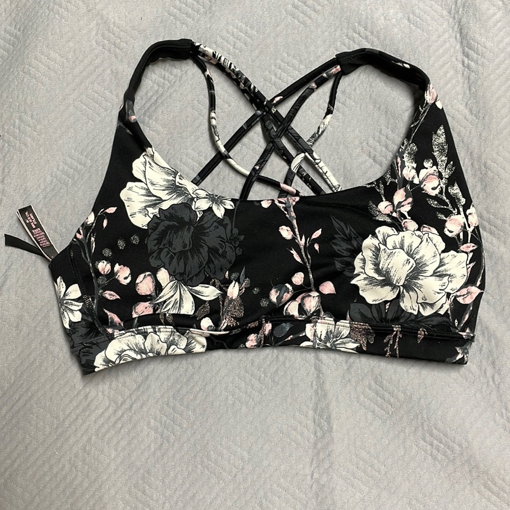 Black lotus flower strappy back sports bra Victoria’s Secret